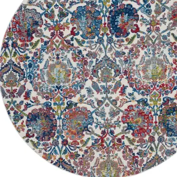 4' Ivory Blue and Yellow Floral Distressed Non Skid Round Rug