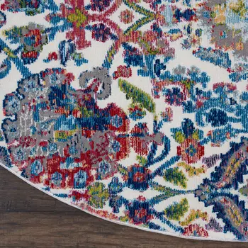 4' Ivory Blue and Yellow Floral Distressed Non Skid Round Rug