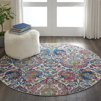 4' Ivory Blue and Yellow Floral Distressed Non Skid Round Rug
