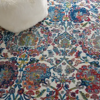 4' Ivory Blue and Yellow Floral Distressed Non Skid Round Rug