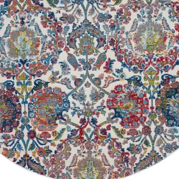 4' Ivory Blue and Yellow Floral Distressed Non Skid Round Rug