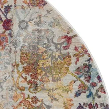 4' Orange and Ivory Floral Distressed Non Skid Round Rug