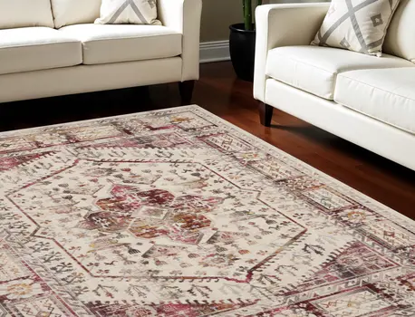 8' X 10' Ivory Red And Orange Floral Distressed Non Skid Area Rug