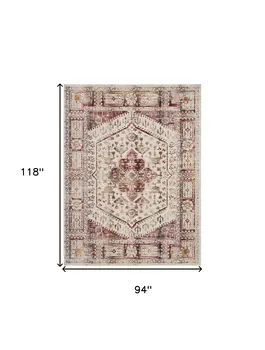 8' X 10' Ivory Red And Orange Floral Distressed Non Skid Area Rug