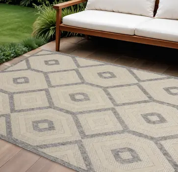 6' X 9' Cream And Gray Geometric Indoor Outdoor Area Rug