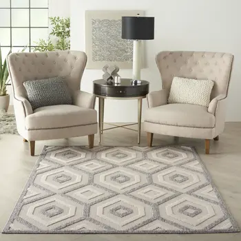 6' X 9' Cream And Gray Geometric Indoor Outdoor Area Rug