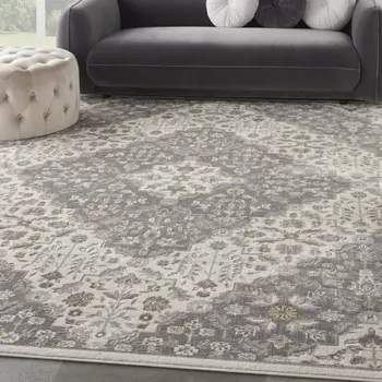 8' X 10' Ivory and Gray Floral Non Skid Area Rug