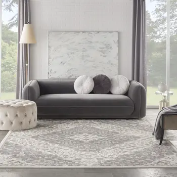 8' X 10' Ivory and Gray Floral Non Skid Area Rug