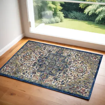 2' X 4' Ivory and Orange Floral Distressed Non Skid Area Rug