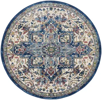 4' Ivory and Orange Floral Medallion Distressed Non Skid Round Rug