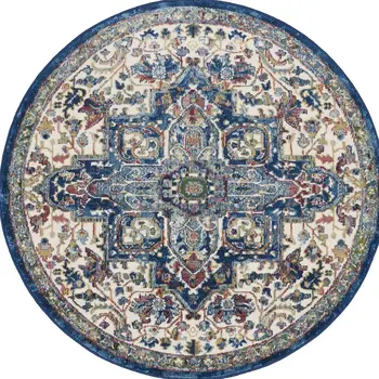 4' Ivory and Orange Floral Medallion Distressed Non Skid Round Rug