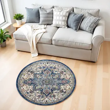 4' Ivory and Orange Floral Medallion Distressed Non Skid Round Rug