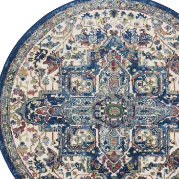 4' Ivory and Orange Floral Medallion Distressed Non Skid Round Rug