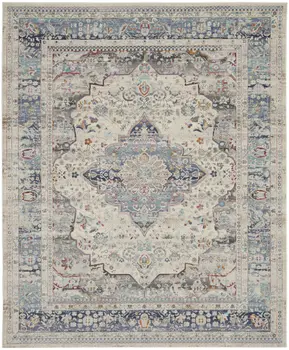 8' X 10' Ivory Blue And Orange Floral Medallion Distressed Non Skid Area Rug