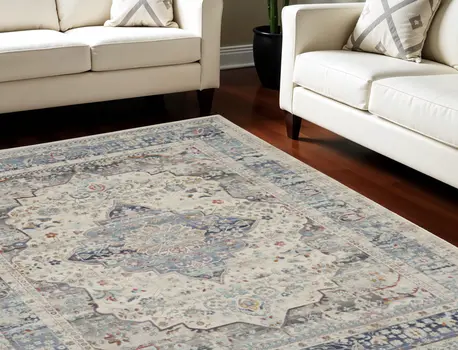 8' X 10' Ivory Blue And Orange Floral Medallion Distressed Non Skid Area Rug