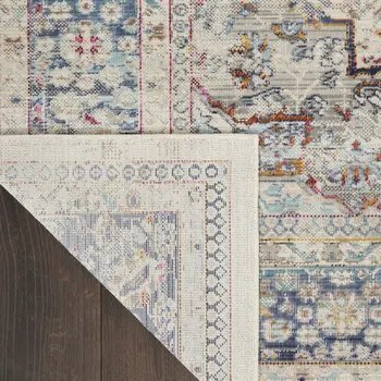 8' X 10' Ivory Blue And Orange Floral Medallion Distressed Non Skid Area Rug