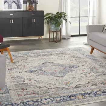 8' X 10' Ivory Blue And Orange Floral Medallion Distressed Non Skid Area Rug