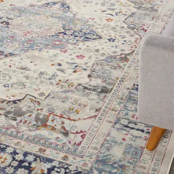 8' X 10' Ivory Blue And Orange Floral Medallion Distressed Non Skid Area Rug