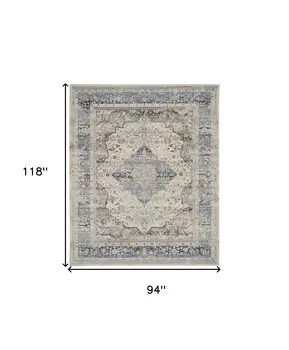 8' X 10' Ivory Blue And Orange Floral Medallion Distressed Non Skid Area Rug