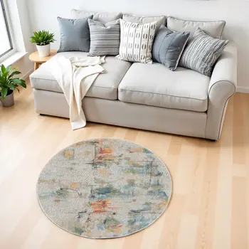 4' Ivory Blue and Orange Abstract Distressed Non Skid Round Rug