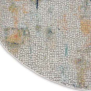 4' Ivory Blue and Orange Abstract Distressed Non Skid Round Rug