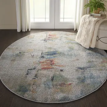 4' Ivory Blue and Orange Abstract Distressed Non Skid Round Rug