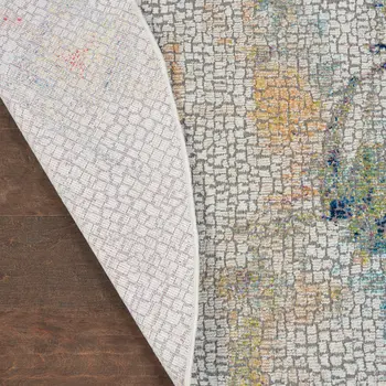 4' Ivory Blue and Orange Abstract Distressed Non Skid Round Rug