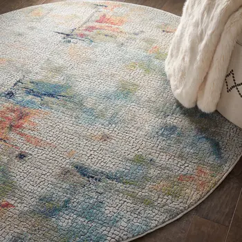 4' Ivory Blue and Orange Abstract Distressed Non Skid Round Rug