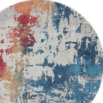 4' Ivory Red and Blue Abstract Distressed Non Skid Round Rug