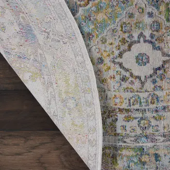 4' Ivory Blue and Green Floral Medallion Distressed Non Skid Round Rug