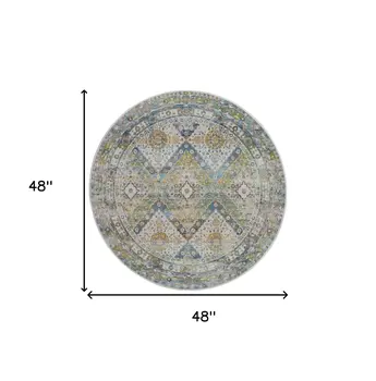 4' Ivory Blue and Green Floral Medallion Distressed Non Skid Round Rug
