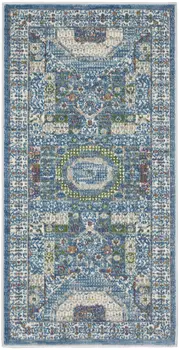 2' X 4' Ivory and Blue Geometric Distressed Non Skid Area Rug