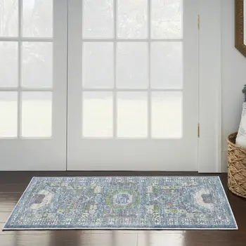 2' X 4' Ivory and Blue Geometric Distressed Non Skid Area Rug
