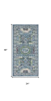2' X 4' Ivory and Blue Geometric Distressed Non Skid Area Rug