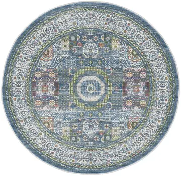4' Ivory and Blue Geometric Distressed Non Skid Round Rug