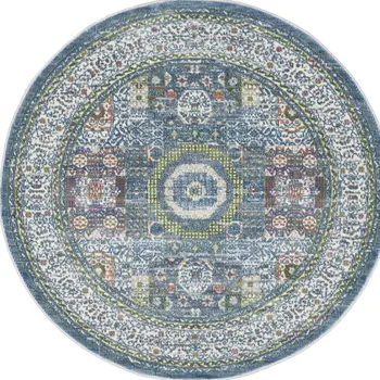 4' Ivory and Blue Geometric Distressed Non Skid Round Rug