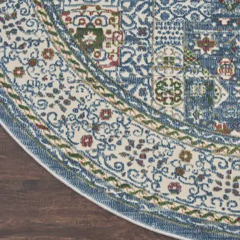 4' Ivory and Blue Geometric Distressed Non Skid Round Rug