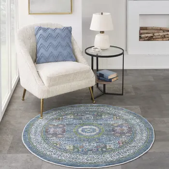 4' Ivory and Blue Geometric Distressed Non Skid Round Rug