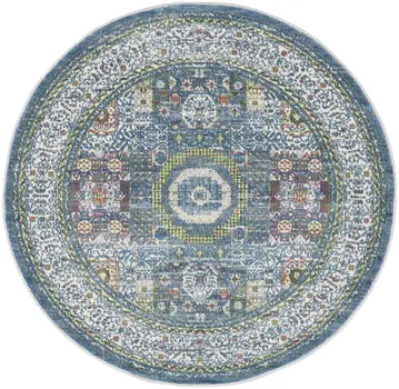4' Ivory and Blue Geometric Distressed Non Skid Round Rug