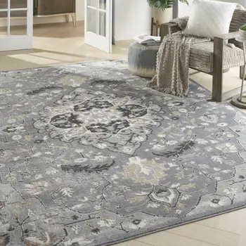 8' X 10' Gray and Black Floral Medallion Non Skid Area Rug