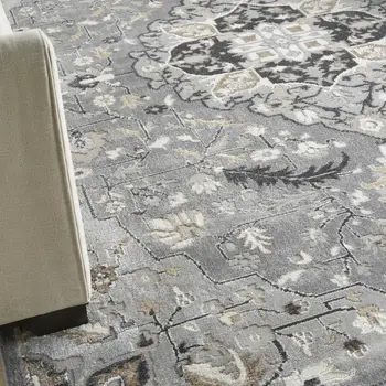 8' X 10' Gray and Black Floral Medallion Non Skid Area Rug