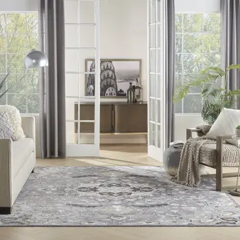 8' X 10' Gray and Black Floral Medallion Non Skid Area Rug