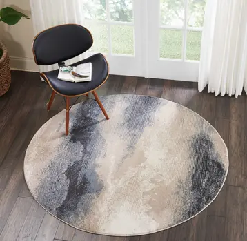 5' Gray Black and Beige Abstract Non Skid Round Rug