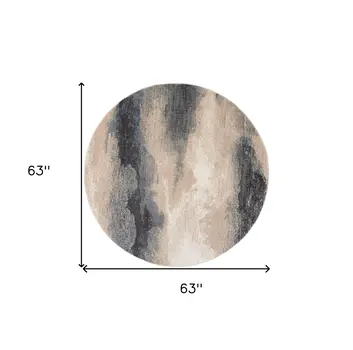 5' Gray Black and Beige Abstract Non Skid Round Rug