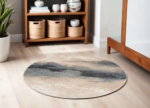5' Gray Black and Beige Abstract Non Skid Round Rug