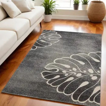 5' X 7' Ivory Black and Gray Botanical Leaves Non Skid Area Rug