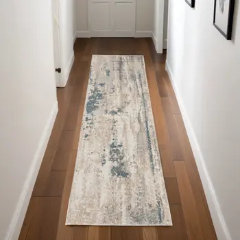 8' Teal and Ivory Abstract Non Skid Runner Rug