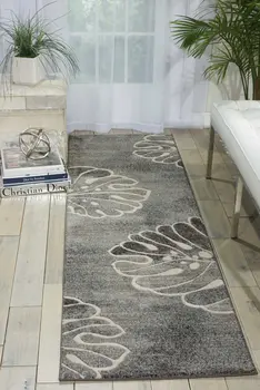 8' Ivory Black and Gray Floral Non Skid Runner Rug