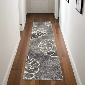 8' Ivory Black and Gray Floral Non Skid Runner Rug