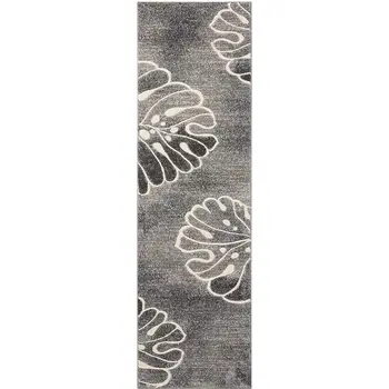 8' Ivory Black and Gray Floral Non Skid Runner Rug